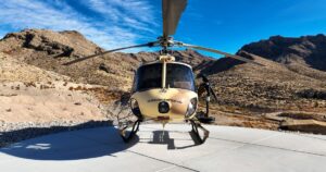 Tactical helicopter on landing pad at Gunship Helicopters’ private aerial gun range in the Mojave Desert near Las Vegas.
