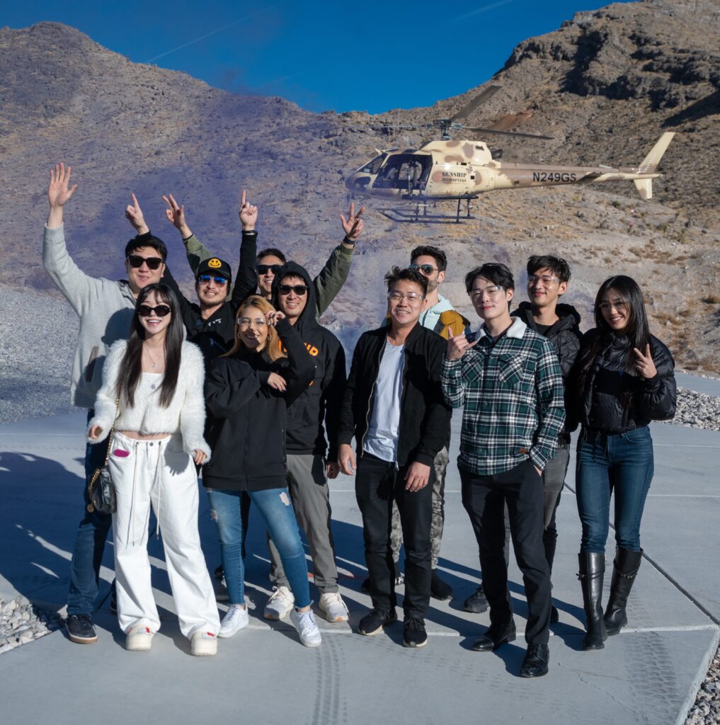 Friends celebrating after helicopter gun run near Las Vegas
