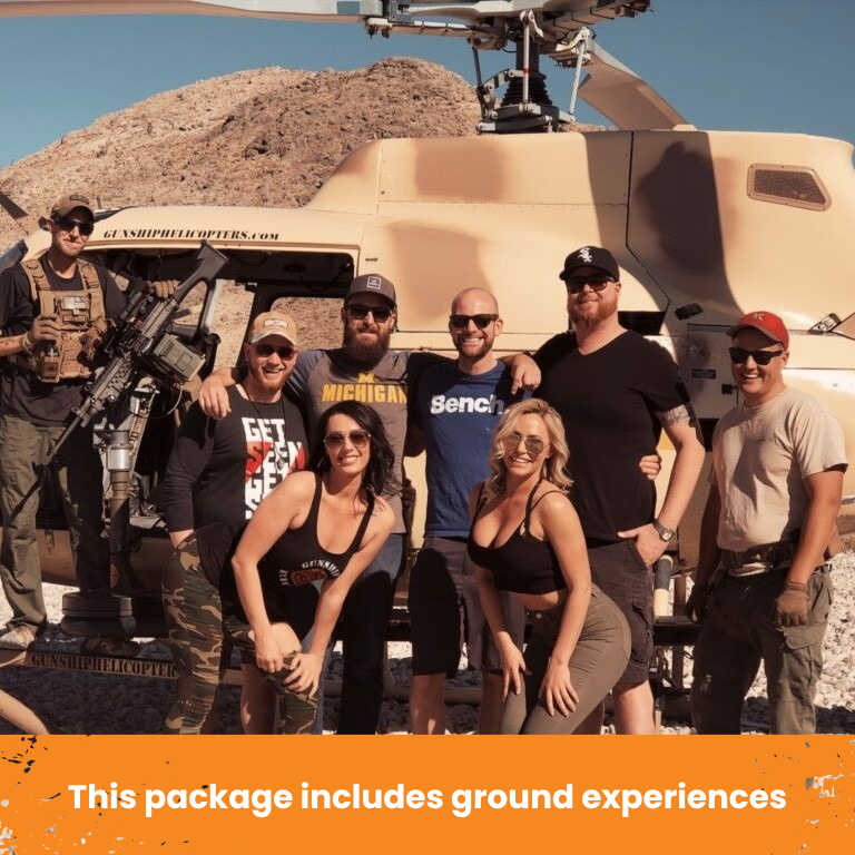 Questions : Group posing in front of helicopter during gunship shooting tour in Las Vegas