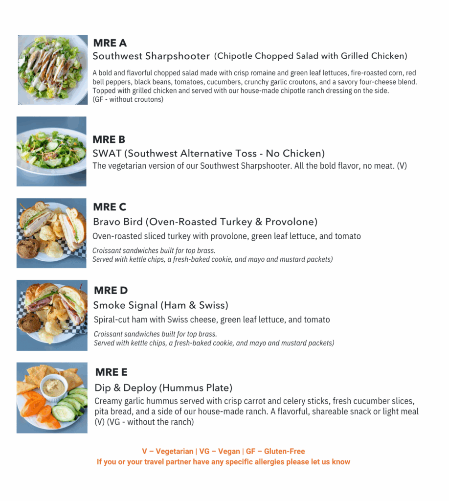 Military-themed menu featuring salads, sandwiches, and hummus plates from Gunship Helicopters
