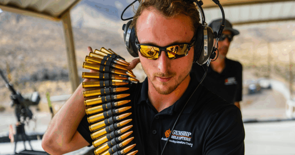 Gunship Helicopters veteran preparing ammunition at Mojave Desert range for helicopter adventure in Nevada