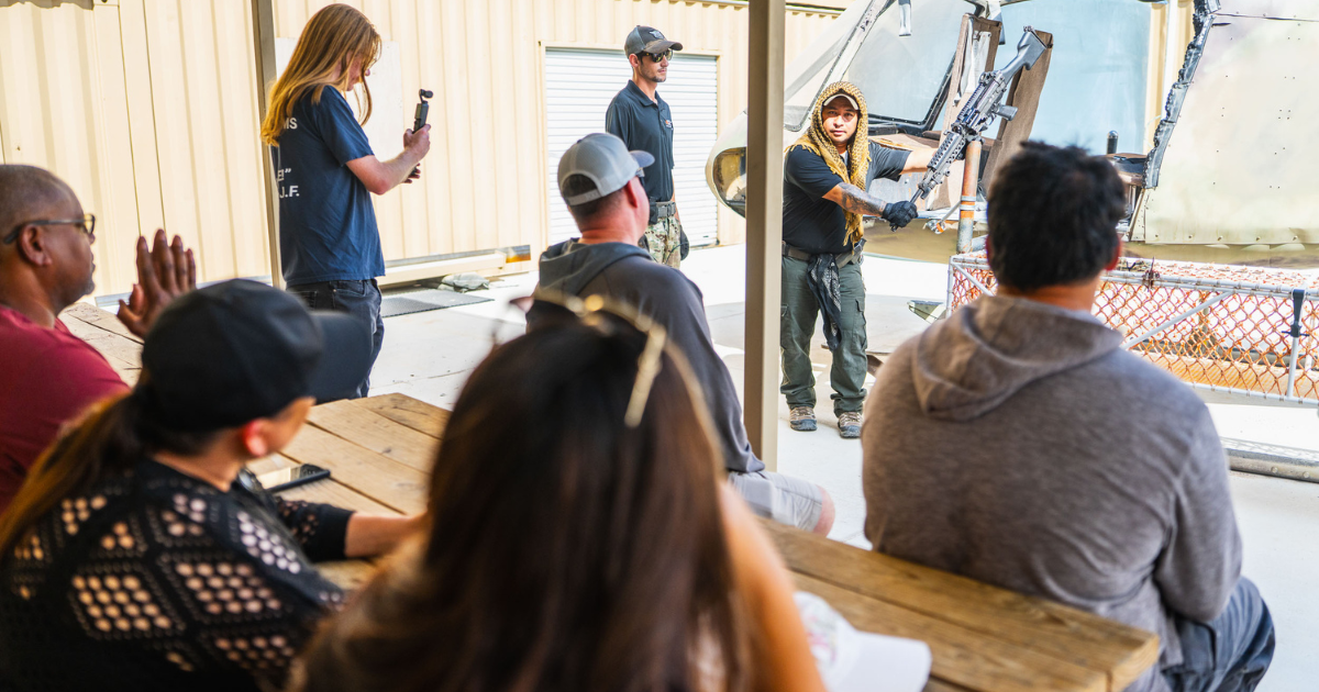Gunship Helicopters team providing a safety briefing for veterans and first responders before a Las Vegas shooting adventure