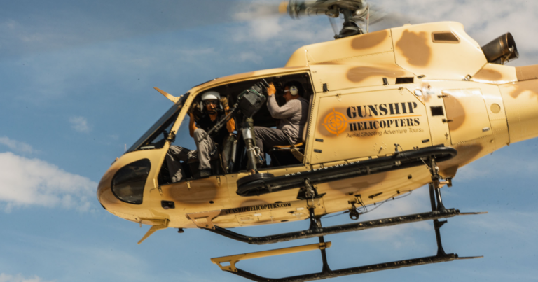 Gunship Helicopters aircraft flying over Las Vegas desert during an outdoor shooting adventure experience