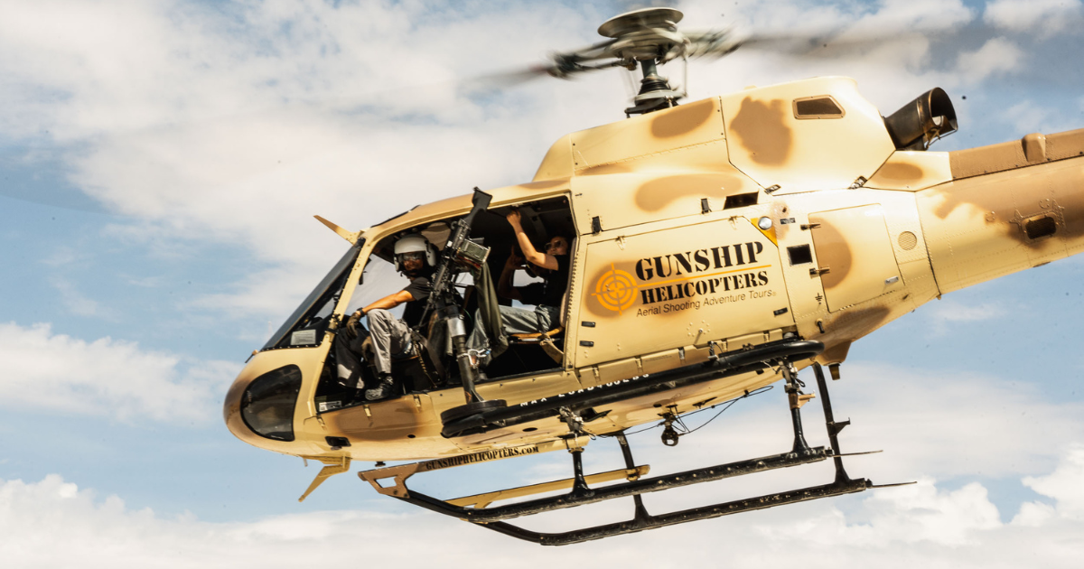 Gunship Helicopters in flight over Nevada showcasing a veteran-supported aerial shooting experience near Las Vegas with safety-focused adventure guidance