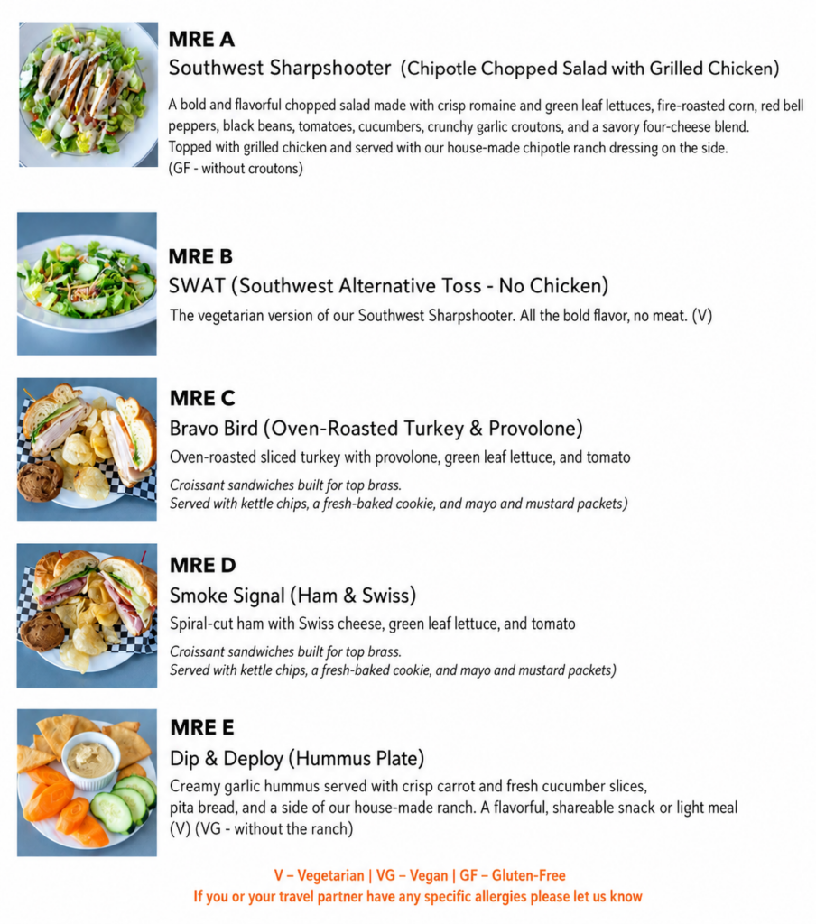 Military-themed menu featuring salads, sandwiches, and hummus plates from Gunship Helicopters