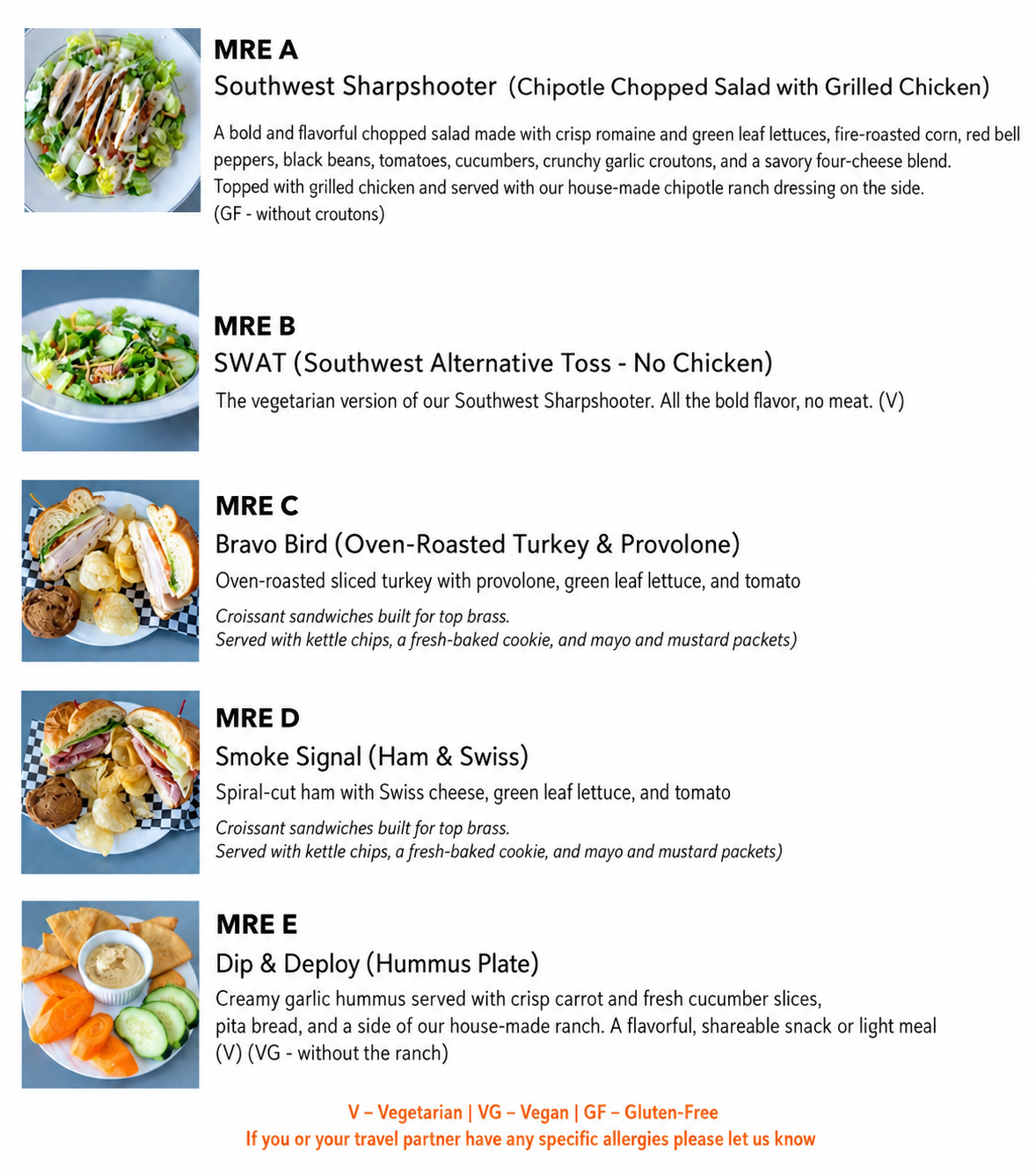 Military-themed menu featuring salads, sandwiches, and hummus plates from Gunship Helicopters